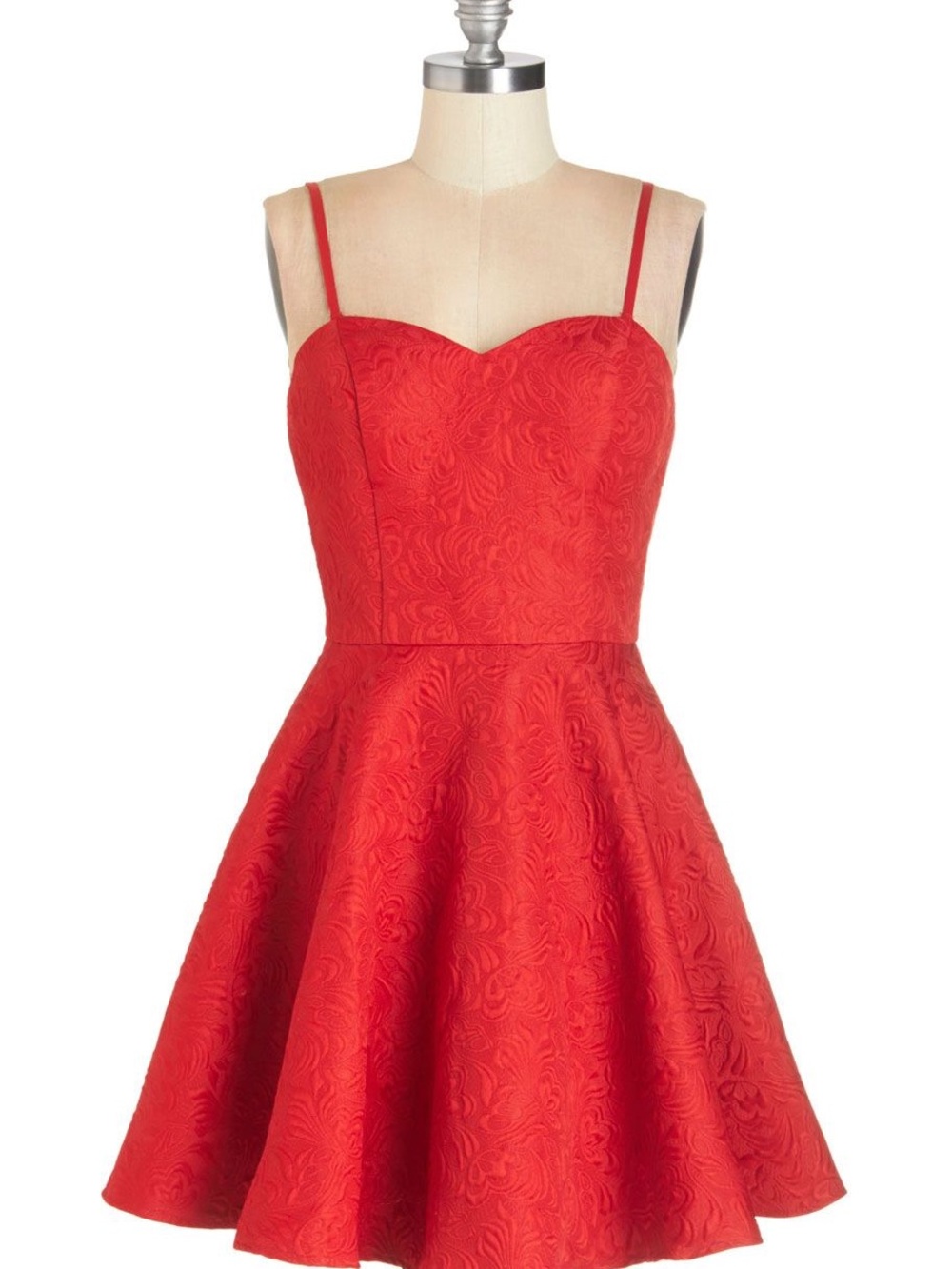 ModCloth’s Heart Glows Fonder Red Floral Jacquard Mini Dress by Chi Chi London
